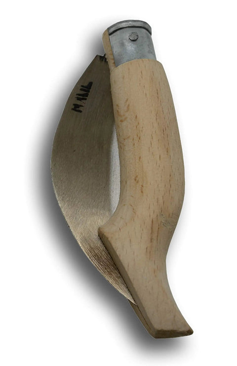 Compact Folding Garden Sickle 12 Inch Hand Weeder with Serrated Blade, folded position showing wooden handle for lawn and garden care.