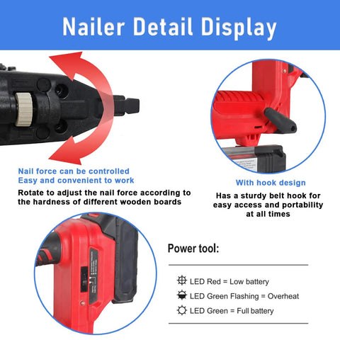 Ergonomic Grip Cordless 21 Volt 2 In 1 Brad Nailer With Adjustable Depth And Bright Work Light displaying nail force adjuster and hook design