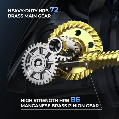 Heavy-duty brass gears of ReKon Saltwater Spinning Reel With NyliTech Body And Water Resistant Design, close-up view