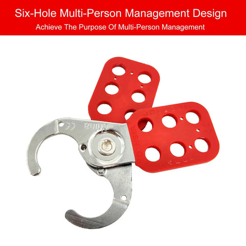 Close-up of Top Shelf 10 Pack Lock Out Tag Out Hasps Rock Solid Stainless Steel Safety Hardware with red nylon handles.