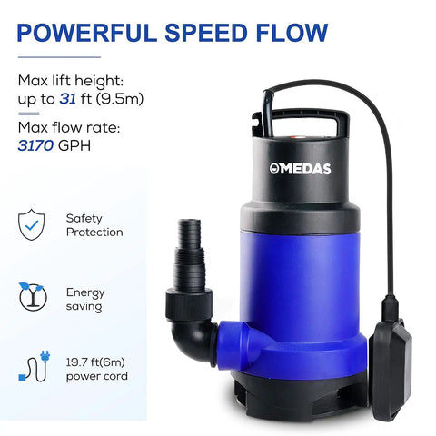 Beefy Heavy Duty Submersible Sump Pump With Float Switch 1HP 750W 3170 GPH for drainage with powerful speed flow design shown
