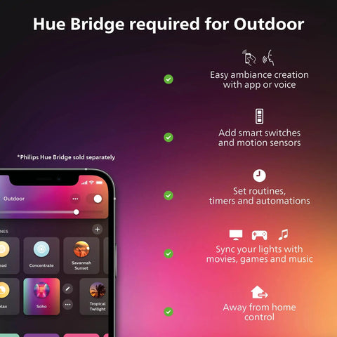 Hue Bridge control interface for Impress Outdoor Smart Wall Light With Color Ambiance LED, app features shown on smartphone screen