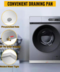 Heavy Duty Stainless Steel Washing Machine Pan 27x25x2.5 Inches, with pre-punched hole, 0.59 inch PE drain adapter.