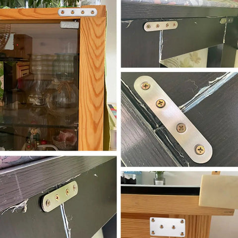 10 Pc Flat Corner Brace Plates For Furniture With Screws, Stainless Steel Mending Plates in use on various wood surfaces