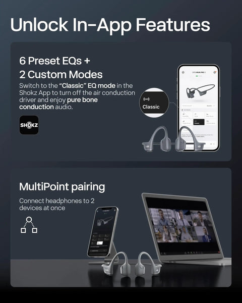 Next Level Open Ear Bone Conduction Bluetooth Sport Headphones In Black showing in-app features and MultiPoint pairing.