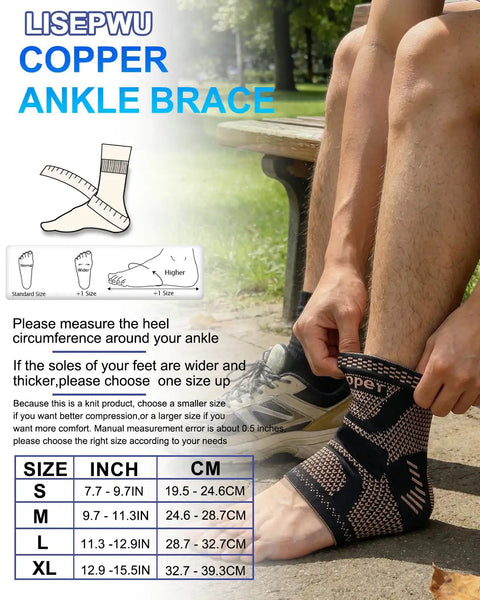 Copper Infused Ankle Brace Compression Sleeve being worn outdoors, offering foot pain relief and support for men and women.