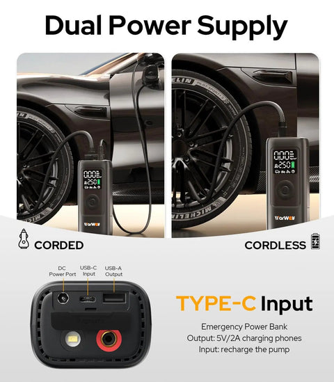 Portable Tire Inflator With 160 PSI Pressure Gauge Electric Air Pump for Car Motorcycle Bike and Balls, dual power supply