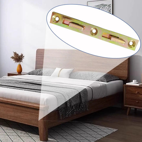Heavy Duty Bed Rail Fasteners 4 Pack featuring rustproof steel bracket displayed on a bed with wooden frame.