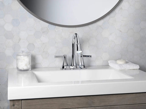 Lit Water Powered LED Light Bathroom Faucet With High Arc And Two Handles Polished Chrome Finish Modern Sink Tap installed
