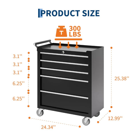 Dimensions of 5 Drawer Rolling Tool Chest On Wheels With Locking System And Drawer Liners Beefy Heavy Duty Steel Tool Storage Cabinet For Workshop Garage Or Warehouse Industrial Grade Black