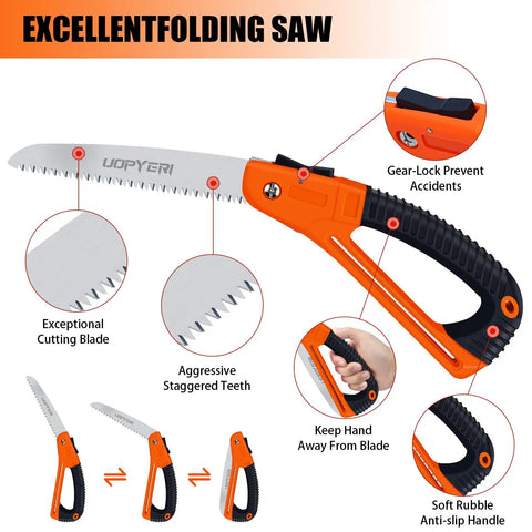 8 Inch Folding Hand Saw With Safety Guard Heavy Duty Pruning Tool showing blade, gear-lock, and anti-slip handle.