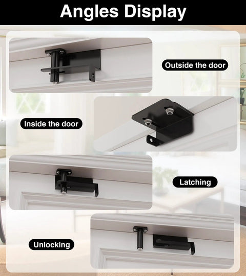 Adjustable Heavy Duty Top Mount Door Lock For Kid And Pet Safety With Smooth Two Way Release For French Or Sliding Interior Exterior Doors Tough As Nails Quick Install In Sleek Black Metal shown from different angles, including latching and unlocking.