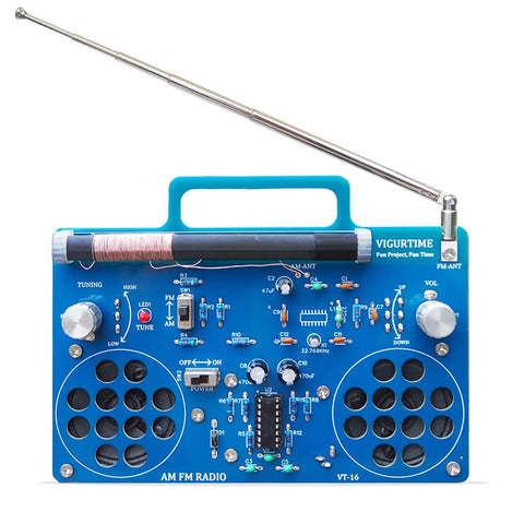 AM FM Radio Kit For DIY Soldering Projects And Electronics Teaching Hands On STEM Gift Dope Stereo Receiver Complete Parts Kit With Full Color Manual Upgraded VT-16 Version Easy Build For Beginners, assembled front view