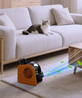 Heavy Duty Air Mover Blower Fan For Drying, Cooling, And Ventilating At Home, orange unit on floor, air flowing in living room.