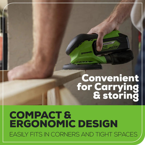 Cordless 24V Mouse Detail Sander With 11,000 OPM Orbit in use for woodworking on narrow board, showcasing ergonomic design