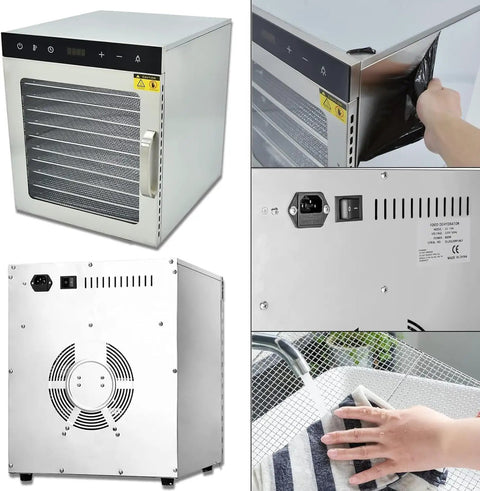 Heavy Duty 10 Tray Electric Food Dehydrator With Digital Temp Control Timer, stainless steel with digital display and trays.