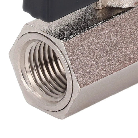 Close-up of Rock Solid Mini Brass Ball Valve Featuring Dn8 G One Quarter Male And Female Threaded Pipe Connections for plumbing.