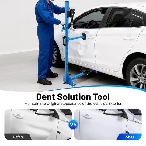 Mechanic using upgraded car dent repair tools kit for auto body restoration paintless dent removal heavy duty pro grade set