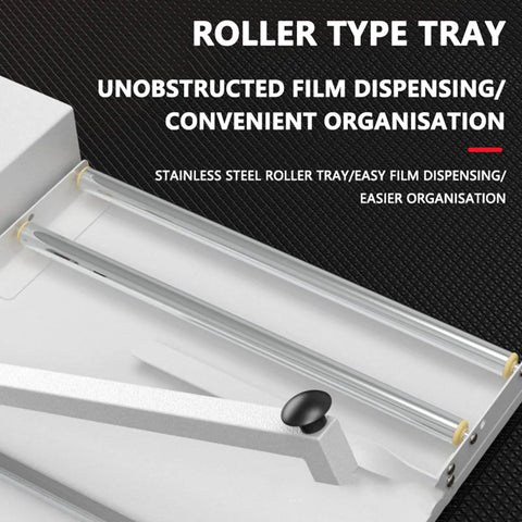 Ylpddmm Professional I-Bar Shrink Wrap Machine With Adjustable Heat Control And Stainless Steel Roller Tray showing the roller tray for film dispensing.