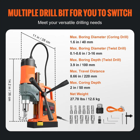 Heavy Duty Boss Grade Magnetic Drill 1450W Variable Speed Portable Electric Core Chucker with drill bits details chart.