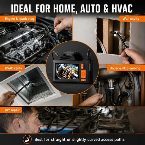 Dual Lens Borescope With 32GB Card, 4.3 Inch Endoscope Camera With Light, 1080P Photo And Video, 16.4ft SemiRigid Inspection Snake, No Apps Needed, IP67 Waterproof For Automotive Engine And HVAC. Handheld screen view for engine, wall, vent, and plumbing inspection.