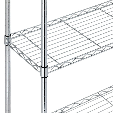Heavy Duty Five Shelf Wire Storage Rack With Chrome Steel Finish, adjustable shelves close-up, durable chrome design.