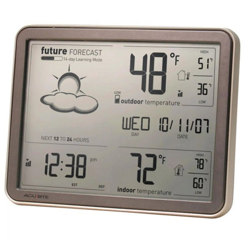 Self Learning Forecast Wireless Weather Station With Big Display And Atomic Clock For Indoor Outdoor Temperature, Real Time Readings, Trend Arrows And No Brainer Forecast Tech In Black showing future forecast and temperature readings