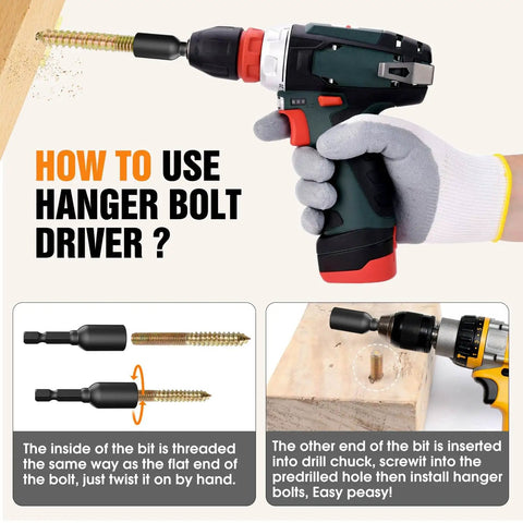 Heavy Duty Table Leg Brackets With Hanger Bolt Driver Kit shown using a power drill for assembly of wood furniture.