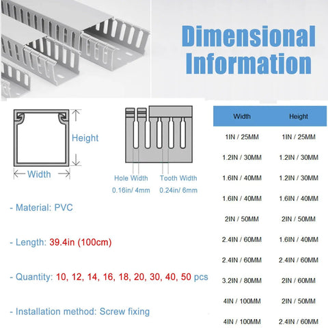 Dimensional information for Solid Grey PVC Conduit Trunking With Secure Snap Fit Cover For Ultimate No Fuss Wire Management, 39.4in long.