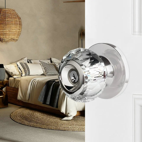 Crystal Glass Door Knob With Privacy Lock And Keys Satin Nickel Finish Diamond Cut Interior Door Knob Bedroom View