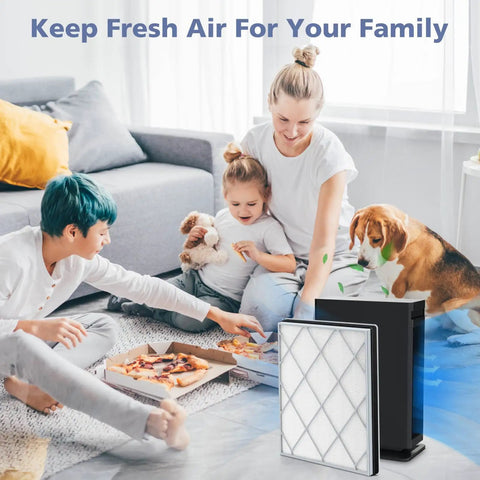 Family with dog enjoying fresh air, HE401 Compatible Filter For Air Purifier 4 Series with activated carbon in living room.