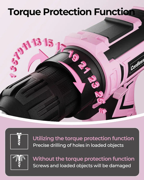 Close-up of the torque protection function on a Pink Cordless Drill Set For Women 20V Lightweight Electric Power Drill.