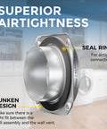 Magnetic Dryer Vent Coupling DV180 Quick Connect Kit airtight seal ring detail with labels for airtight connection and sunken design.