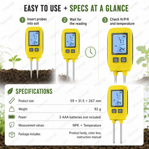 4 In 1 NPK Soil Tester With Real Time Readings, Temperature And LCD Backlit Display shown with features and specifications