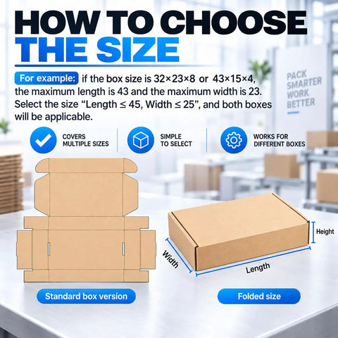 Image explaining how to choose box size for Manual Box Folding Tool And Adjustable Carton Folder cuts through heavy packing grind.