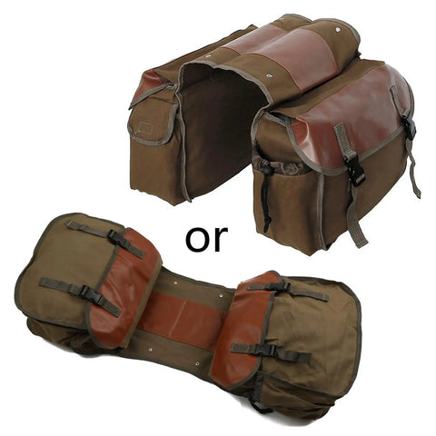 Large Capacity Multifunction Bike Bag With Tear Resistant Double Panniers, made from khaki waterproof fabric, shown open and closed.