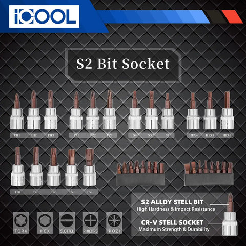 S2 Bit Socket set showcasing various sizes with S2 alloy and CR-V steel, part of the Workhorse 121 Piece Drive Socket Set.