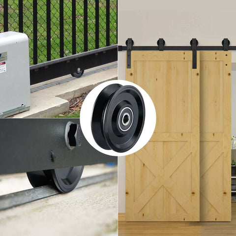 Skelang 4-inch V-groove sliding gate wheel with double bearings for inverted-V track, black metal wheel
