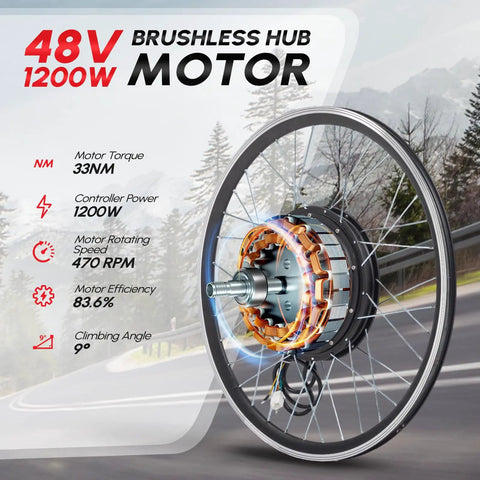 Beefed Up 48V 1200W Front Wheel Ebike Conversion Kit With Three Mode Controller PAS LCD Display And Twist Throttle For 26 Inch Bikes Hub Motor Upgrade To Reach Up To 36.6 mph, showcasing brushless hub motor design.