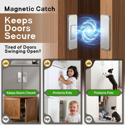 26 Pack No Drill Magnetic Cabinet Catches Ultra Thin Strong Magnetic Latch With Adhesive shown securing cabinets and protecting kids and pets