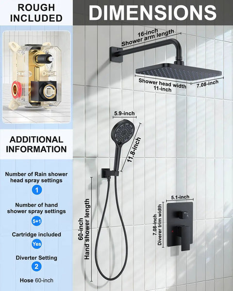 Slick Matte Black Rainfall Shower System With Filtered Handheld Sprayer Featuring Top Shelf Solid Brass Valve And Hella Durable Easy Clean Silicone Jets For A Smooth Daily Rinse, dimensions illustration with detailed specifications.
