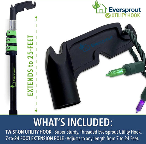 Smooth Telescoping Aluminum Extension Pole With Heavy Duty Utility Hook For Hanging Christmas Lights Bird Feeders And Tackling High Spots Without Breaking A Sweat Or Risking Ladder Falls, showing adjustable parts and utility hook.
