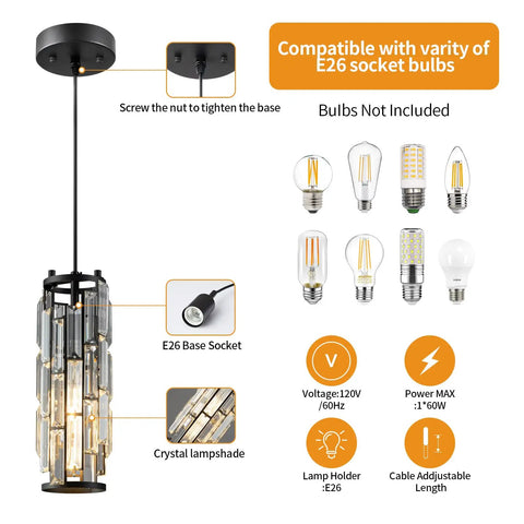 Dope Black Modern Crystal Pendant Light For Kitchen Island With Adjustable Height, K9 Crystal Beads, E27 Base on white background
