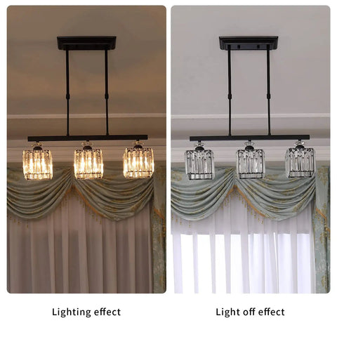 Three Light Crystal Ceiling Pendant With Adjustable Height, Square Modern Chandelier in kitchen, lighting effect on and off view