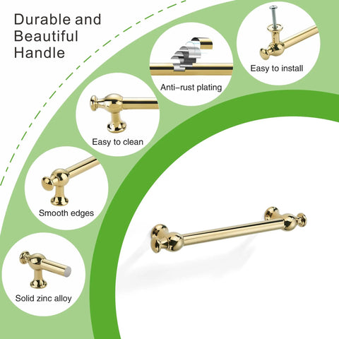 Image showing features of 10 Pack Retro Polished Gold Cabinet Handles 3 Inch 76mm Kitchen Cabinet Pulls Drawer Pulls Cabinet Hardware Set Durable Zinc Alloy TU10188, including anti-rust plating and smooth edges.