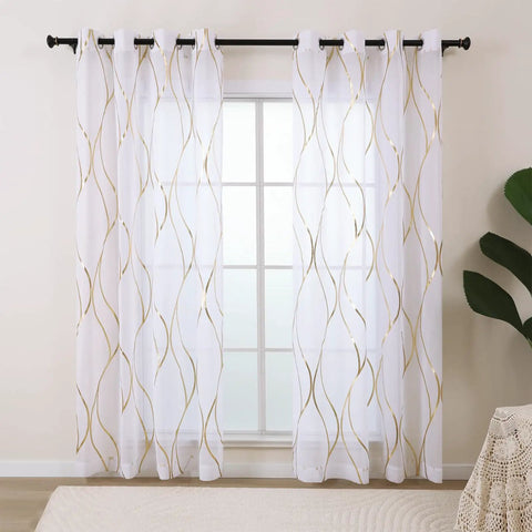 White And Gold See Through Sheer Curtains For Living Room That Let The Sunlight In Light Filtering Window Drapes 90 Inch Long Two Panels Grommet Top With Elegant Wave Pattern Chic Home Vibe hanging on window rod.