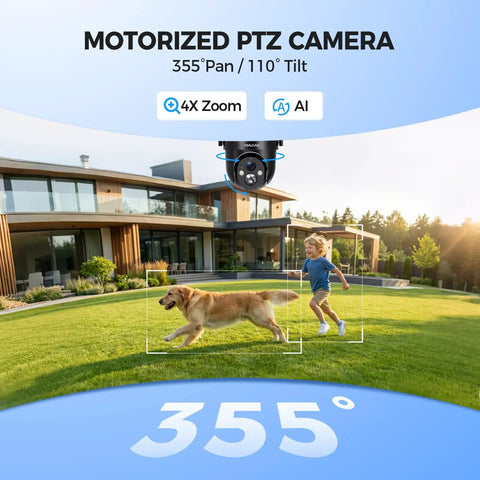 Solar Powered Outdoor Security Camera With 2K 360 Degree View Wireless WiFi Color Night Vision PIR Detection Two Way Audio Motion Alerts Easy Setup No Wires No Fuss showing dog and child in a yard with a modern house.