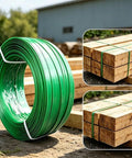 Heavy Duty Strapping Tape Rolls And Flat Woven Fiber Rope Set secures wooden pallets, showing PET plastic steel strapping in use.
