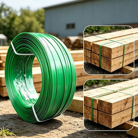 Heavy Duty Strapping Tape Rolls And Flat Woven Fiber Rope Set secures wooden pallets, showing PET plastic steel strapping in use.