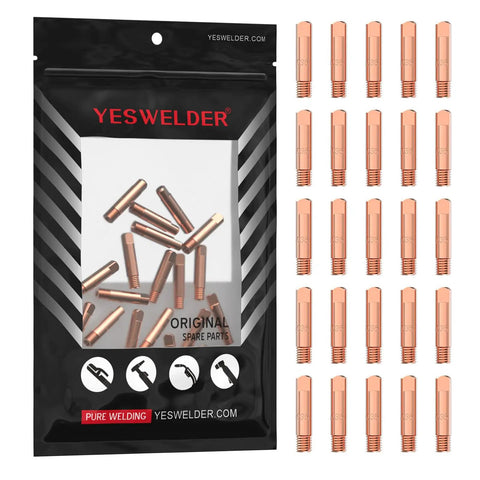Twenty Five Pack MIG Welding Contact Tips 000-068 0.035 Inch For Miller Millermatic M10 M15 M25 M40 M100 M150 And Hobart H Series Guns With Gas Diffuser, showing copper tips in bag and arrangement